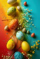 AI generated Easter background with lively colors, decorated eggs photo