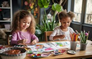 ai generado dos niños son pintura Pascua de Resurrección con pequeño Pascua de Resurrección conejito tema foto