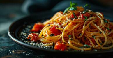 AI generated spaghetti on a plate on black background photo