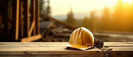 AI generated yellow construction hat sitting on wooden table photo