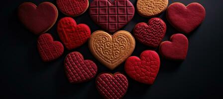 ai generado varios rojo galletas en un circulo de corazones, emocionalmente complejo, núcleo cómodo foto