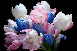 AI generated spring tulip bouquet with blue watercolour paper photo