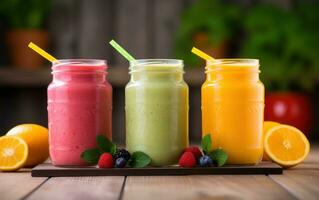 ai generado Tres sano Fruta batidos son en un mesa foto