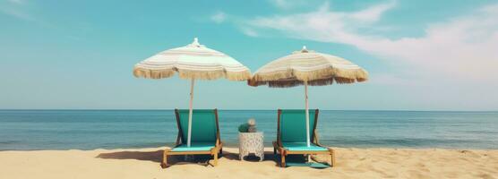 AI generated two chairs sit on the beach and have umbrellas on the top photo