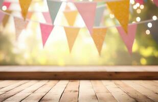 AI generated wooden planks and colorful bunting around a wooden board photo