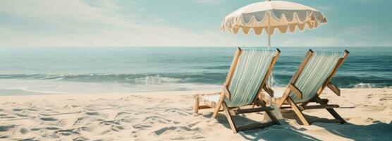 AI generated two chairs sit on the beach and have umbrellas on the top photo