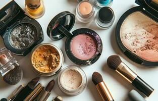 AI generated various makeup products is shown in a circle on a white background photo