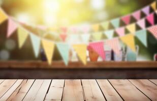 AI generated wooden planks and colorful bunting around a wooden board photo