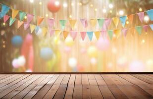 AI generated wooden planks and colorful bunting around a wooden board photo