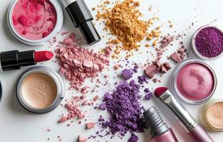 AI generated various makeup products is shown in a circle on a white background photo