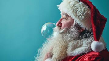 AI generated Santa clause blowing a bubble over a blue background photo