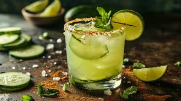 AI generated Cucumber Margarita with Lime and a Spicy Rim photo