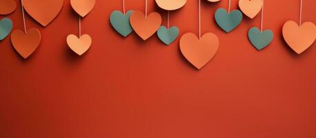 AI generated red paper hearts are hanging down on red background photo