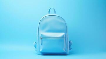 AI generated light blue backpack on a blue background photo