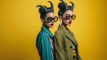 AI generated Two Sisters with Horns Hairstyle Strike a Pose in Studio photo