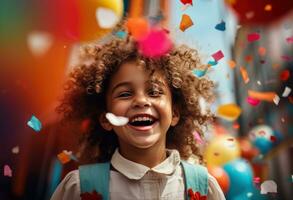 ai generado pequeño niña participación papel picado circo payaso sonriente en blanco globos foto