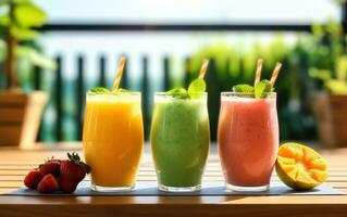 ai generado Tres sano Fruta batidos son en un mesa foto