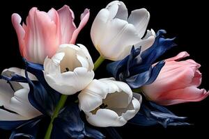 AI generated spring tulip bouquet with blue watercolour paper photo