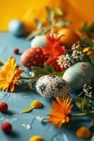 AI generated Easter background with lively colors, decorated eggs photo