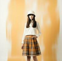 AI generated girl wearing tunic hat and plaid skirt in studio setting photo