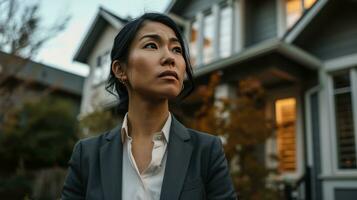 AI generated woman in business suit standing in front of house after signing a contrac photo