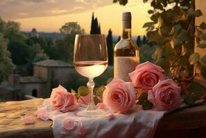 AI generated wine in a glass with roses photo