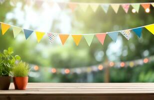 AI generated white paper table with colorful bunting banners on it photo