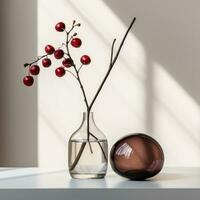 AI generated two red berries sitting on a table with a vase, photo