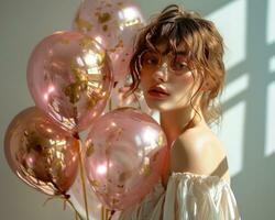 AI generated woman holding a bunch of gold and rose gold balloons photo