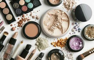 AI generated various makeup products is shown in a circle on a white background photo