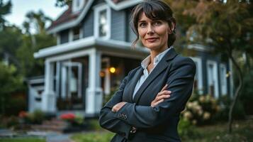 AI generated woman in business suit standing in front of house after signing a contrac photo