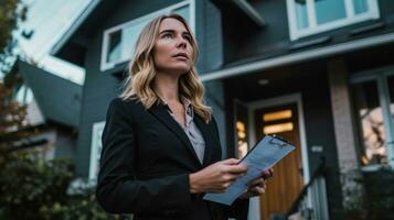 AI generated woman in business suit standing in front of house after signing a contrac photo