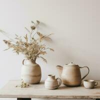 AI generated two tea pots are on a table with greenery and tea cups, photo