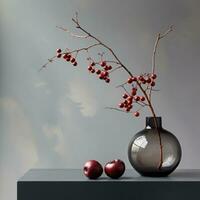 AI generated two red berries sitting on a table with a vase, photo