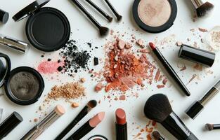 AI generated various makeup products is shown in a circle on a white background photo