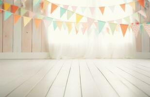 AI generated white wooden floor with colorful bunting background photo