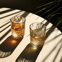 AI generated two glass tumblers on a table with shadows and shadows, photo