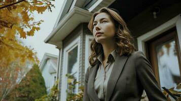 AI generated woman in business suit standing in front of house after signing a contrac photo
