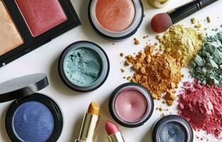 AI generated various makeup products is shown in a circle on a white background photo