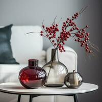 AI generated two red berries sitting on a table with a vase, photo