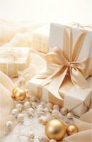 AI generated white christmas decorations and present packaging with ribbon on beige background photo