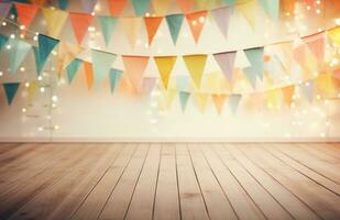 AI generated white wooden floor with colorful bunting background photo