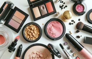 AI generated various makeup products is shown in a circle on a white background photo