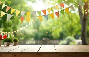AI generated white paper table with colorful bunting banners on it photo