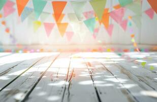 AI generated white wooden floor with colorful bunting background photo