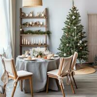 AI generated interior of modern dining room with a christmas tree and a wreath, use of fabric,rustic textures photo