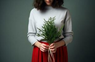 ai generado un mujer participación un manojo de Navidad árbol ramas y un pequeño rojo arco en su manos foto