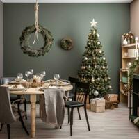 AI generated interior of modern dining room with a christmas tree and a wreath, use of fabric,rustic textures photo