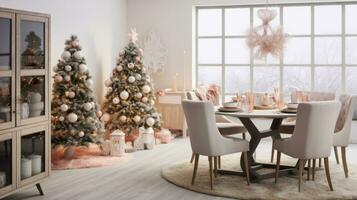 AI generated interior of modern dining room with a christmas tree and a wreath, use of fabric,rustic textures photo