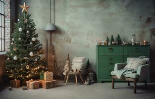 AI generated the christmas decor of a room with green christmas tree and wooden furniture, photo